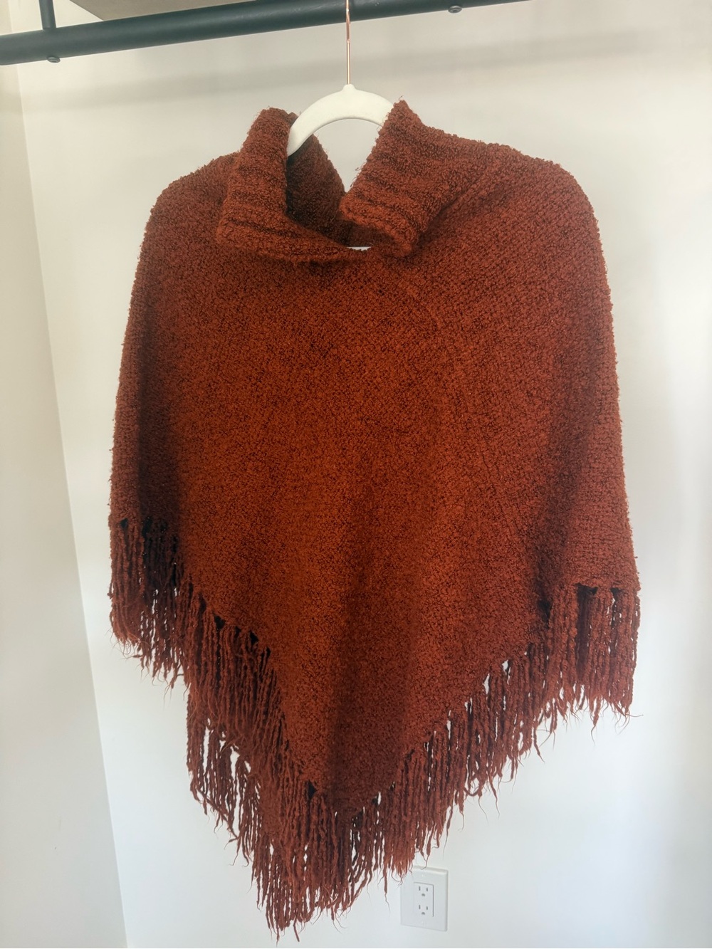 Rust Burnt Orange Bouclé Fringe Cowl Neck Poncho One Size